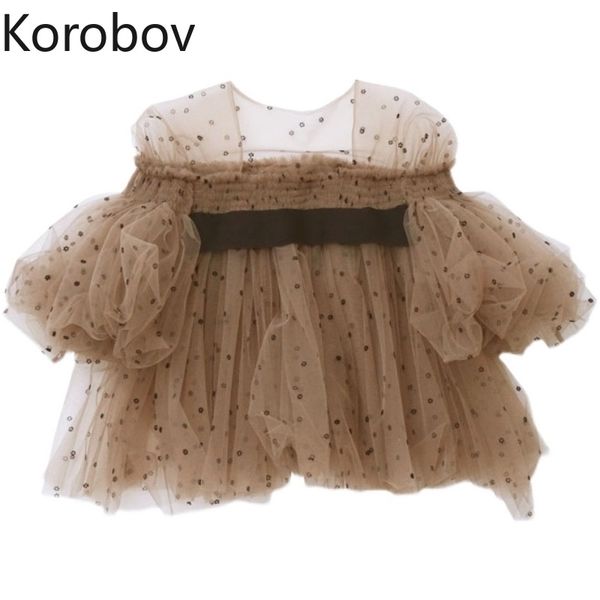 Korobov coreano manga manga vintage mulheres blusas escritório senhora sexy malha bolinhas fêmea camisas verão quadrado colar blusas mujer 210430