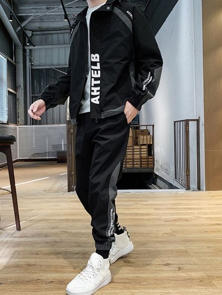 

men slogan graphic contrast panel hooded jacket & pants q5lk#, Gray