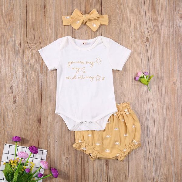 

0-18m fashion born infant baby girls clothes sets letter short sleeve bodysuit +sun print shorts headband 3pcs clothing, White