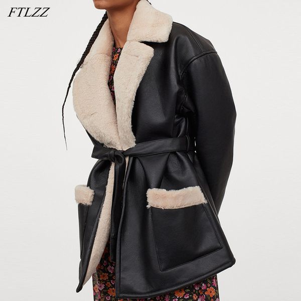 

spring women vintage turn-down collar faux pu leather jacket chic patchwork streetwear outwear with belt 210423, Black