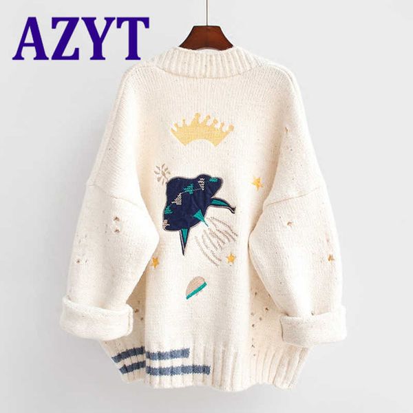 

azyt women autumn winter knitted cardigan cartoon embroidery oversize sweater coat harajuku loose elegant v neck cardigans 210805, White;black