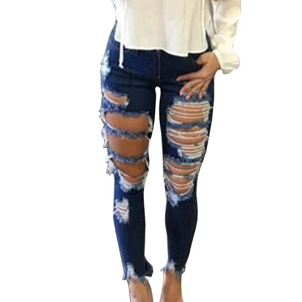 

skinny jeans women denim pants holes destroyed knee pencil casual trousers stretch ripped women's, Blue