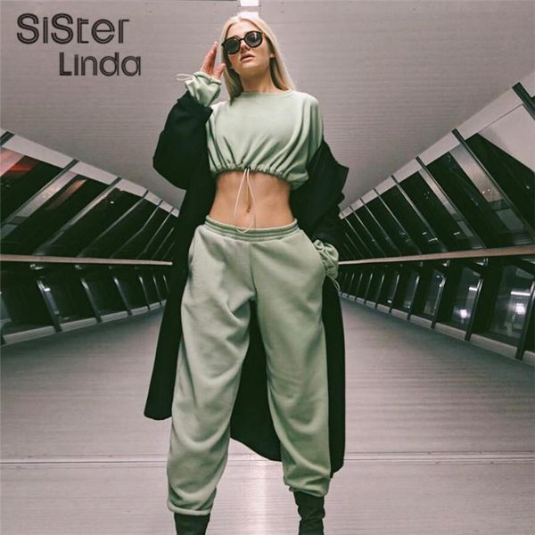 

two piece dress sisterlinda fashion 2 pieces female set tracksuit full sleeve drawstring short pullovers solid elastic tapered pants mu, White