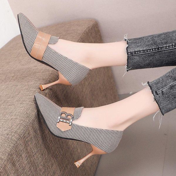 

dress shoes spring autumn women plaid high heels patchwork stilettos pumps pointed toe ol office ladies buckle 8890c, Black