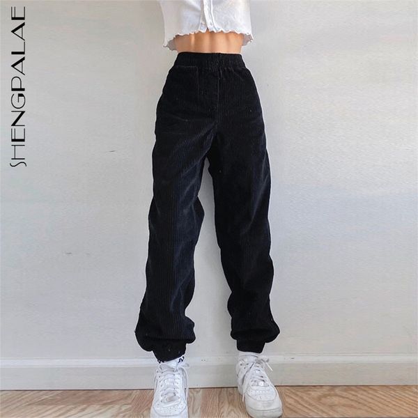 

trousers women's spring black high waist elastic waisted pocket solid casual loose corduroy pants female 210427, Black;white