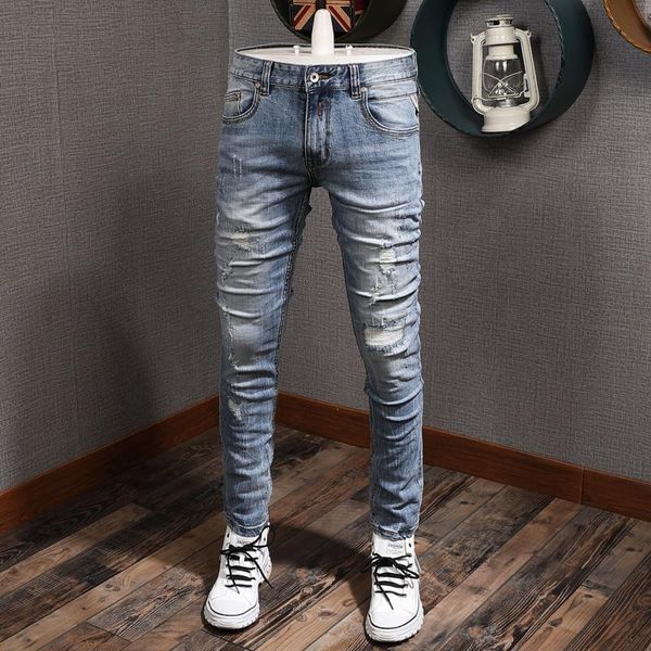 

brand 2021 men jeans retro light blue slim fit ripped patchwork elastic pants streetwear vintage designer men's
