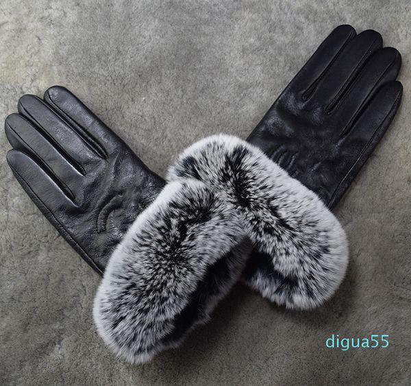 

fashion winter leather gloves with plush touch screen rex rabbit fur mouth korean version cycling cold proof and warm sheepskin split finger, Blue;gray