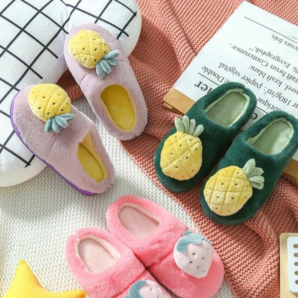 

women plush slippers winter warm cartoon fruits pineapple strawberry soft sole flat shoes indoor bedroom ladies fur slides, Black