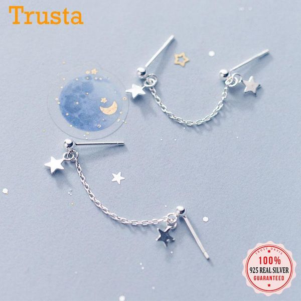 

stud trustdavis real 925 sterling silver linked stick chain star charm earring for women wedding birthday fine jewelry db1020, Golden;silver