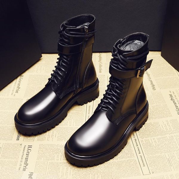 

women fashion party nightclub motorcycle boots black platform shoes ladies genuine leather boot buckle short botas femme