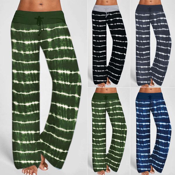 

women's bandage casual striped pants loose tie dyed for women, Black;white