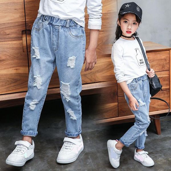 

jeans for girls spring autumn fashion children ripped kids clothes 2-12y baby boys denim pants, Blue