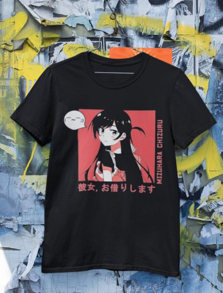 

lovely mizuhara chizuru portrait kawaii manga anime for fan black t-shirt s-6xl, White;black