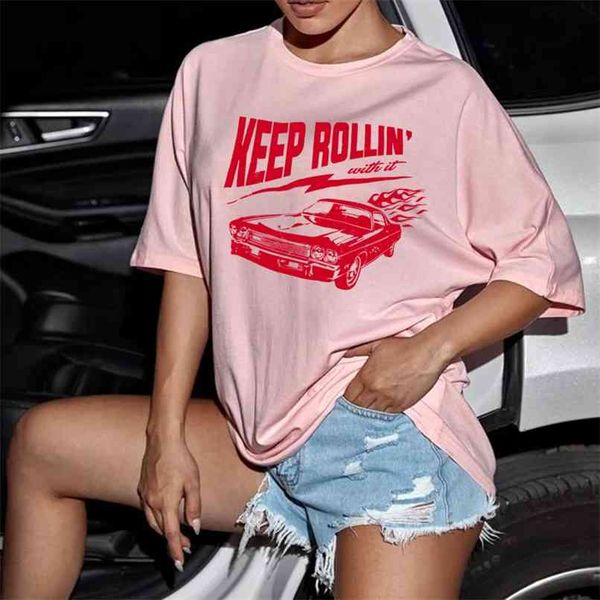 

s summer fashion tshirt keep rollin graphic tee tumblr ulzzang harajuku casual funny grunge retro style 210512, White