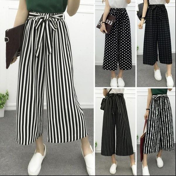 

chuqing women capri womens fashion wide leg long casual summer flare high waist elastic striped loose culotte trousers cropped pants, Black;white