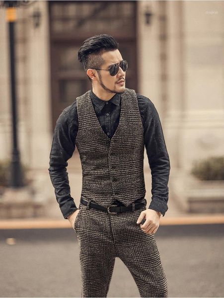 

men's vests yushu autumn winter suit vest men woolen tweed plaid dress formal business slim fit waistcoat colete masculino, Black;white