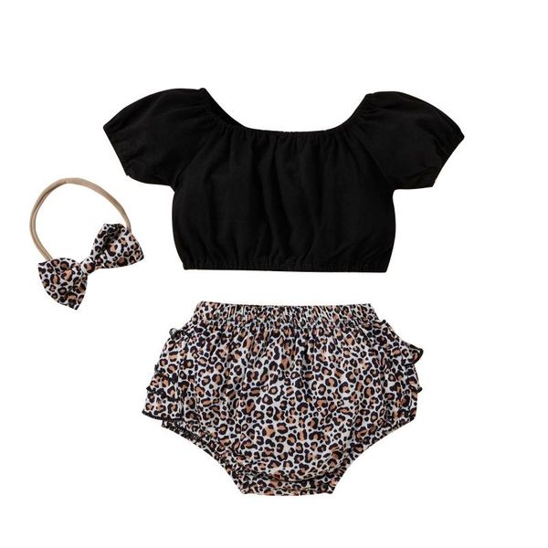

clothing sets 0-24m born infant baby girls cute solid color tube short sleeve + leopard print shorts headband 3pcs outfits, White
