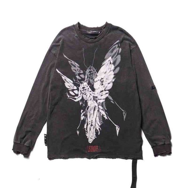 

men's hoodies & sweatshirts camiseta de manga longa vintage masculina, camiseta algodÃ£o estilo harajuku danificada e grÃ¡fica, pulÃ´ver c, Black