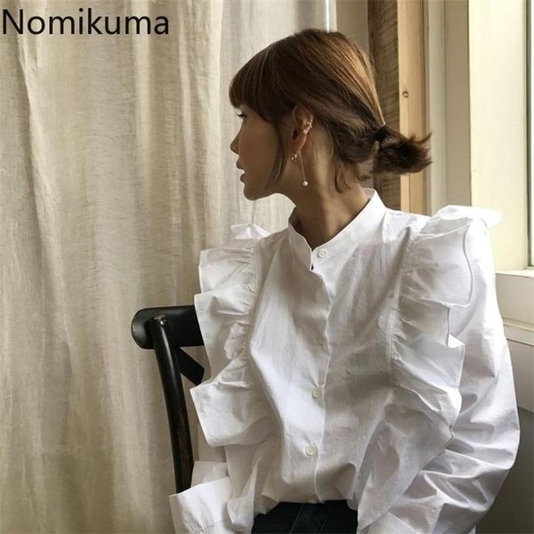 

nomikuma korean single breasted stand neck blouse shirt ruffle patchwork long sleeve blusas femme autumn sweet doll shirt 6c150 220311, White