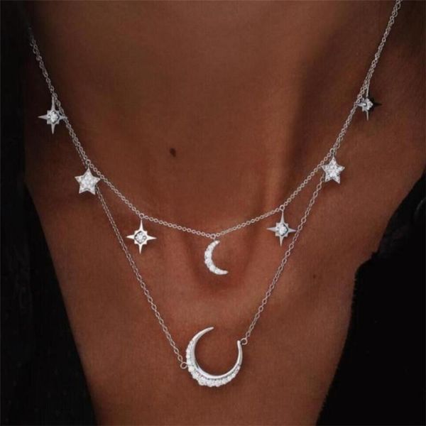 

pendant necklaces bohemian moon star long necklace vintage gold color mosaic crystal chain statement choker for women party gift, Silver