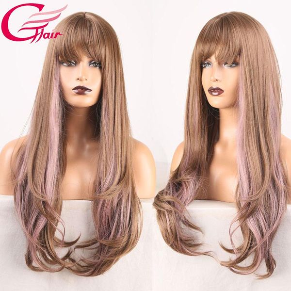 

brown pink two tone synthetic wig long wavy machine made heat resistant fiber hair for women cosplay none lace wigs, Black
