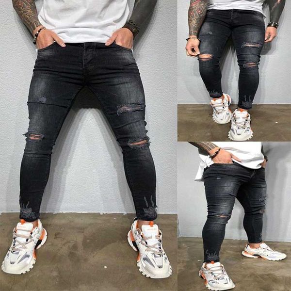 

men's fashion jeans 2021 pierced elastic leg tear style, Blue