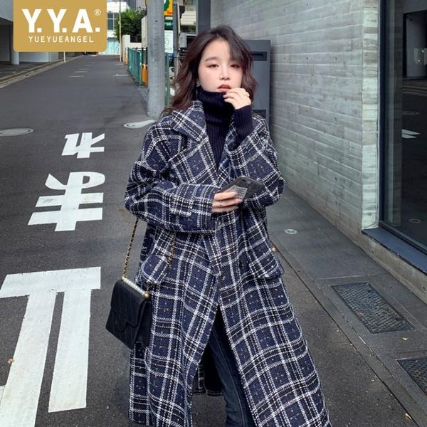 

women's wool & blends fashion womens winter loose fit plaid woolen overcoat vintage ladies long jacket autumn casual streetwear coats, Black