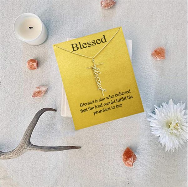 

blessed cross religion pendant necklace girls women letter chokers statement card jewelry gift silver gold color