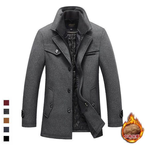 

men's wool & blends winter woolen windbreaker coat solid color single breasted trench slim fit business casual jacket, Black