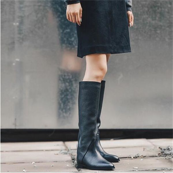 

boot high knee ladies winter retro design vintage shoes women long street-style boots, Black