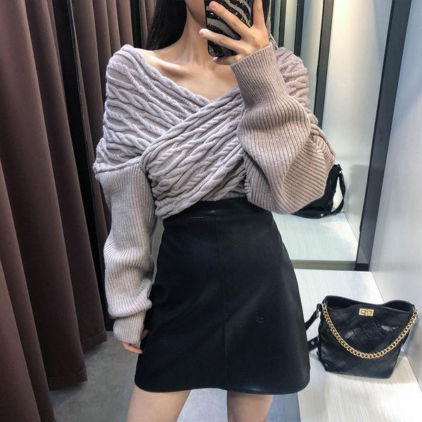

women's sweaters women and pullovers sale jumper sweater v-neck strapless cross-thread knitted pullover pull femme nouveaute 2021, White;black