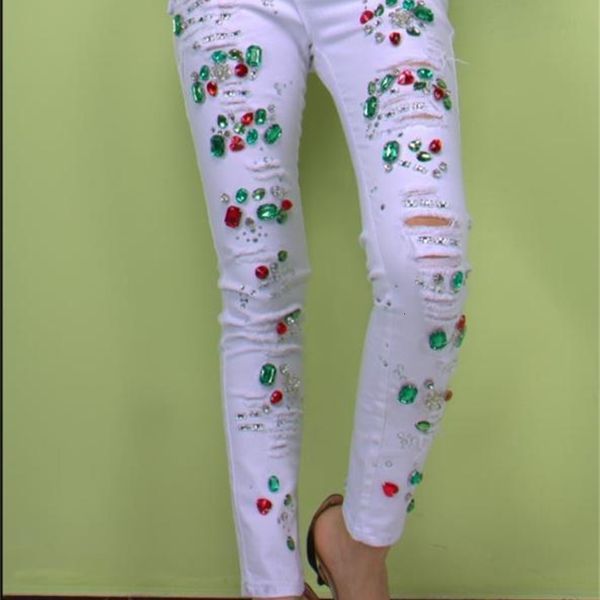 

women's jeans diamond 3d floral embroidered stretch pencil denim pants slim skinny vintage big flower beading white 9pgi, Blue