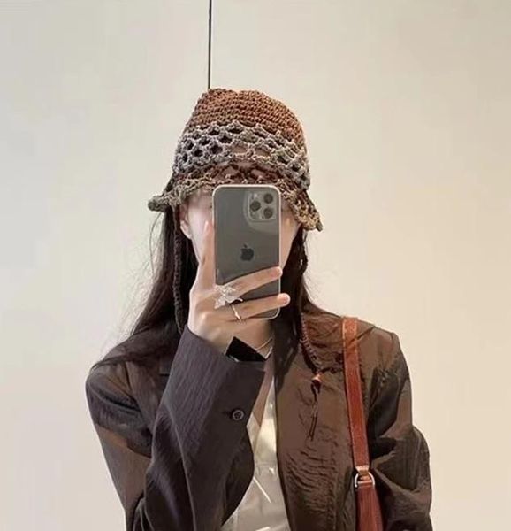 

beanie/skull caps 202107-2509167 spring summer hollow out color matching weave bohemian style street lady skullies beanies cap women cool ha, Blue;gray
