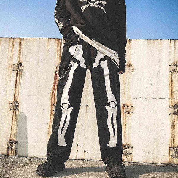 

men skeleton oversized black jeans pants 2021 denim mens streetwear hip hop harem high wasit overalls, Blue