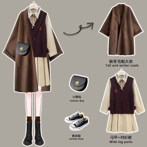 

two piece dress oversize women's spring autumn suit temperament retro woolen jacket + vest shirt dress three-piece elegant high st, White