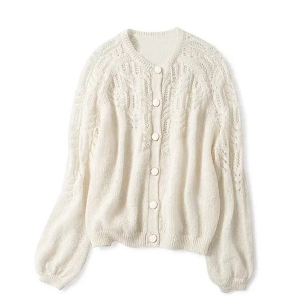 

spring women hollow out knitted cardigan o neck solid color single breasted knitted sweater knitwear 210918, White;black