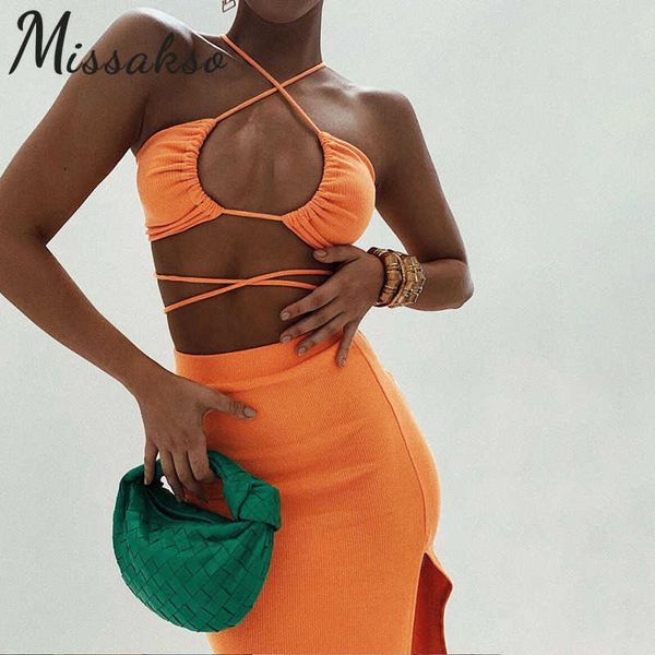 Missakso Sexy Bandage Cut Out Halter Neck Crop Top e Split Midi Skirt Party Summer Orange Women Fashion Set a due pezzi 210625