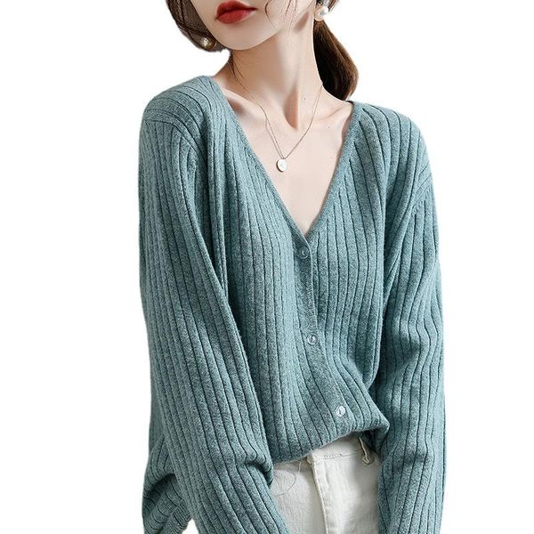 

women's knits & tees 2021 spring and autumn cardigan knitted v-neck fashion temperament solid color coat warm sweater, White
