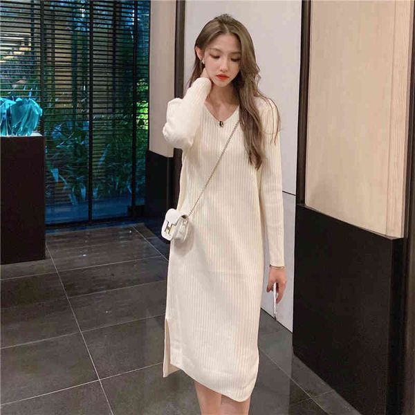 

women casual dresses korean v-neck long sleeve knitted sweater dress plus size, Black;gray
