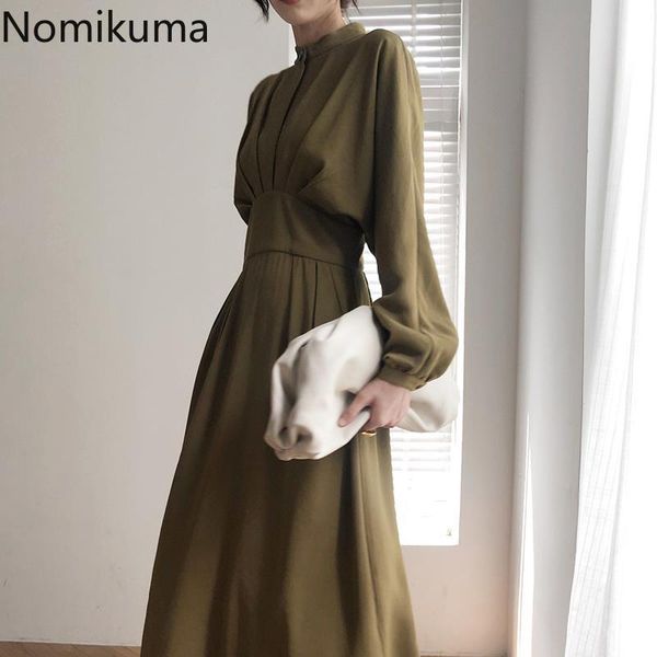 

casual dresses nomikuma women elegant stand neck dress batwing long sleeve slim waist a-line vestidos femme korean 2021 6b343, Black;gray
