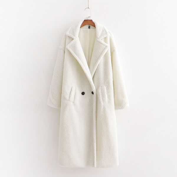 Evfer Kadınlar Moda Teddy Kaşmir Beyaz Gevşek Dış Giyim Kadın Zarif Kruvaze Kış Sıcak Uzun Mont Bayanlar Kalın Ceket 210421