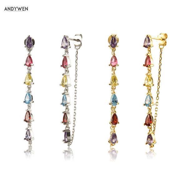 

andywen 925 sterling silver gold colorful ovals zircon cz chain stud earrings long line crystal piercing ohrringe pendiente 210608, Golden;silver