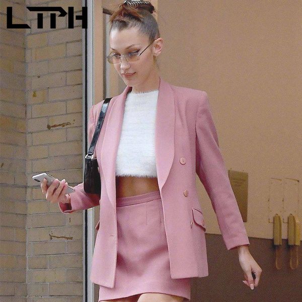 

pink office lady outfits women 2 pieces set double breasted blazer jacket high waist package hip skirt suits spring 210427, White