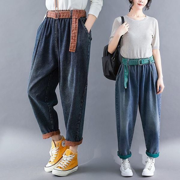 

women's jeans plus size relaxed fit straight leg vintage elastic waist denim pants ft624, Blue