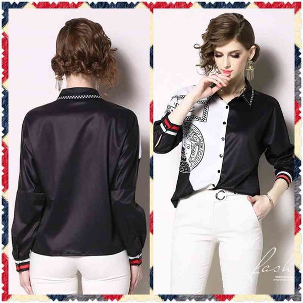 

new women's fashion contrast color spring fall shirt blouses street style office lady slim elegant button front print shirts blous, White