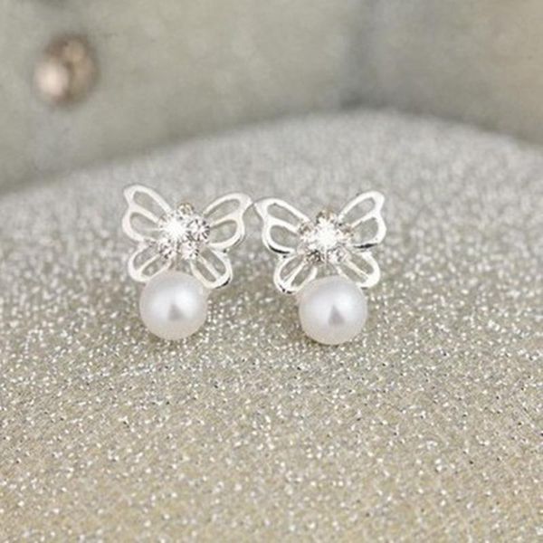 

stud crystal pearl earrings with attractive fashion designs love heart butterfly, Golden;silver