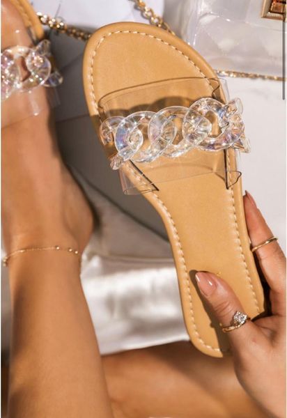 

women luxury slippers transparent pvc mix colors chain flat rubber sole outdoor trend fashion design slides shoes ladies1, Black