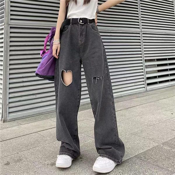 

women's jeans summer women vintage high waist hole straight denim pants oversize female streetwear wide baggy, Blue