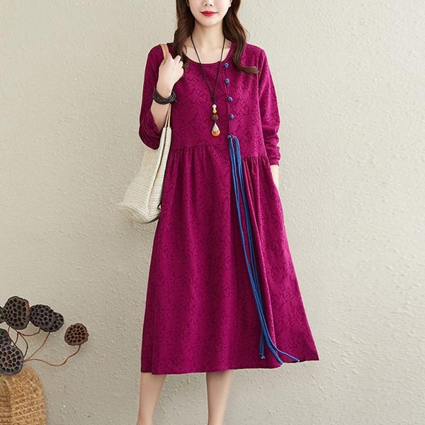 

casual dresses women autumn long dress 2021 arts style vintage solid color o-neck female sleeve a-line cotton linen s1501, Black;gray