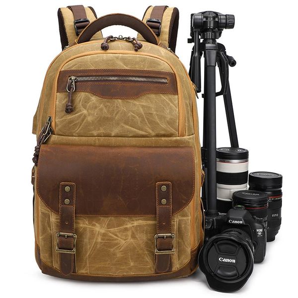 

backpack large capacity outdoor vintage waterproof canvas leather digital video pograghy women camera tripod bag for men